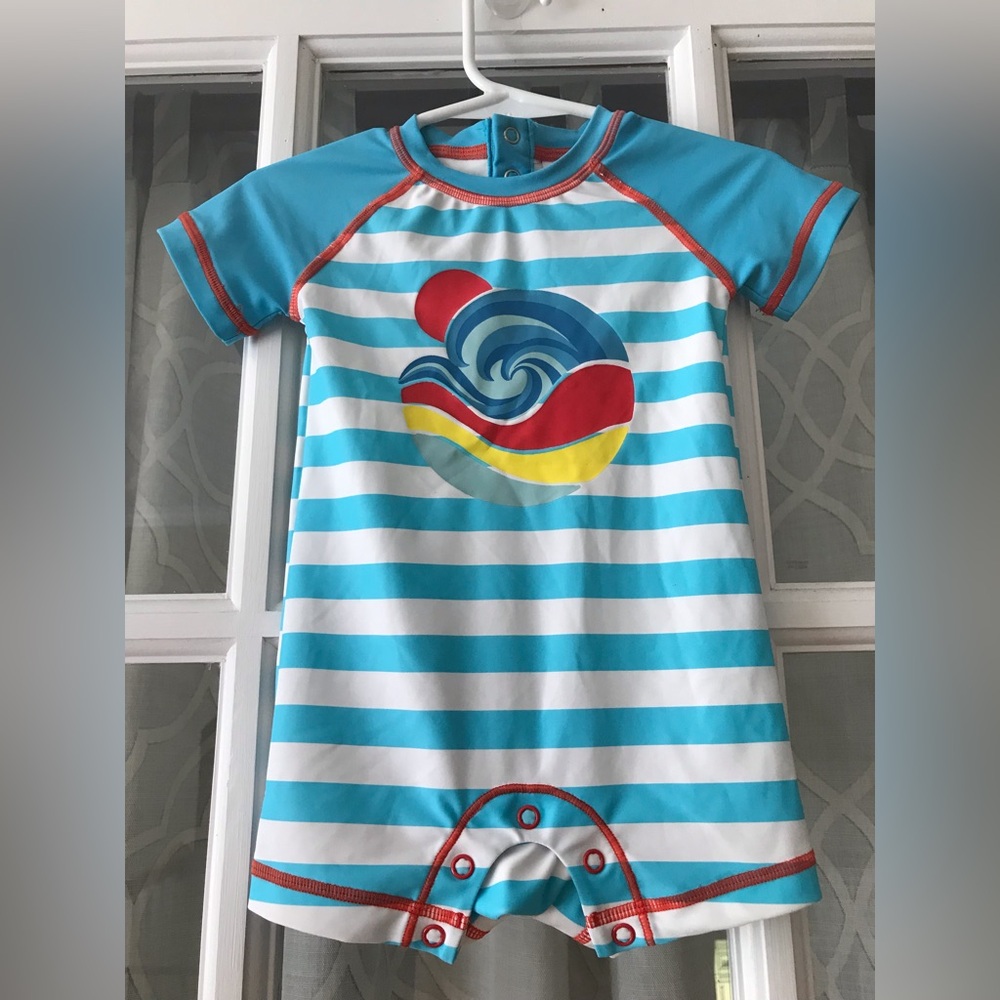 Tucker + Tate size 9 months swimsuit romper with snaps at bottom for easy diaper